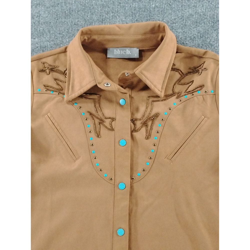 Blue B Collection Boho Embroidered Western Shirt Small Faux Suede Cowgirl Chic